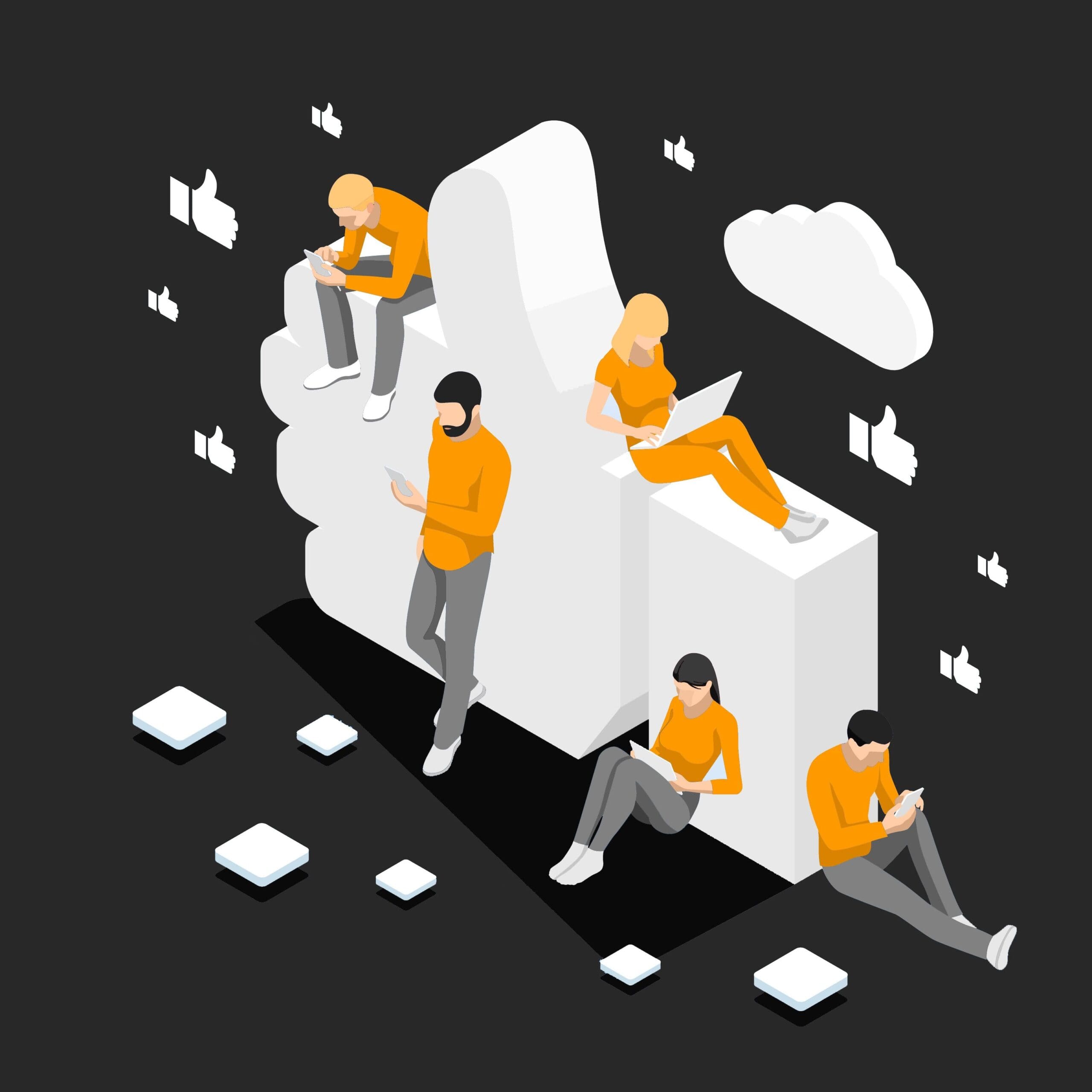 Isometric thumbs up like social network concept. Blogging, online messaging, social networking services. Young people using mobile gadgets such as laptop, tablet pc, smartphone for social networking.