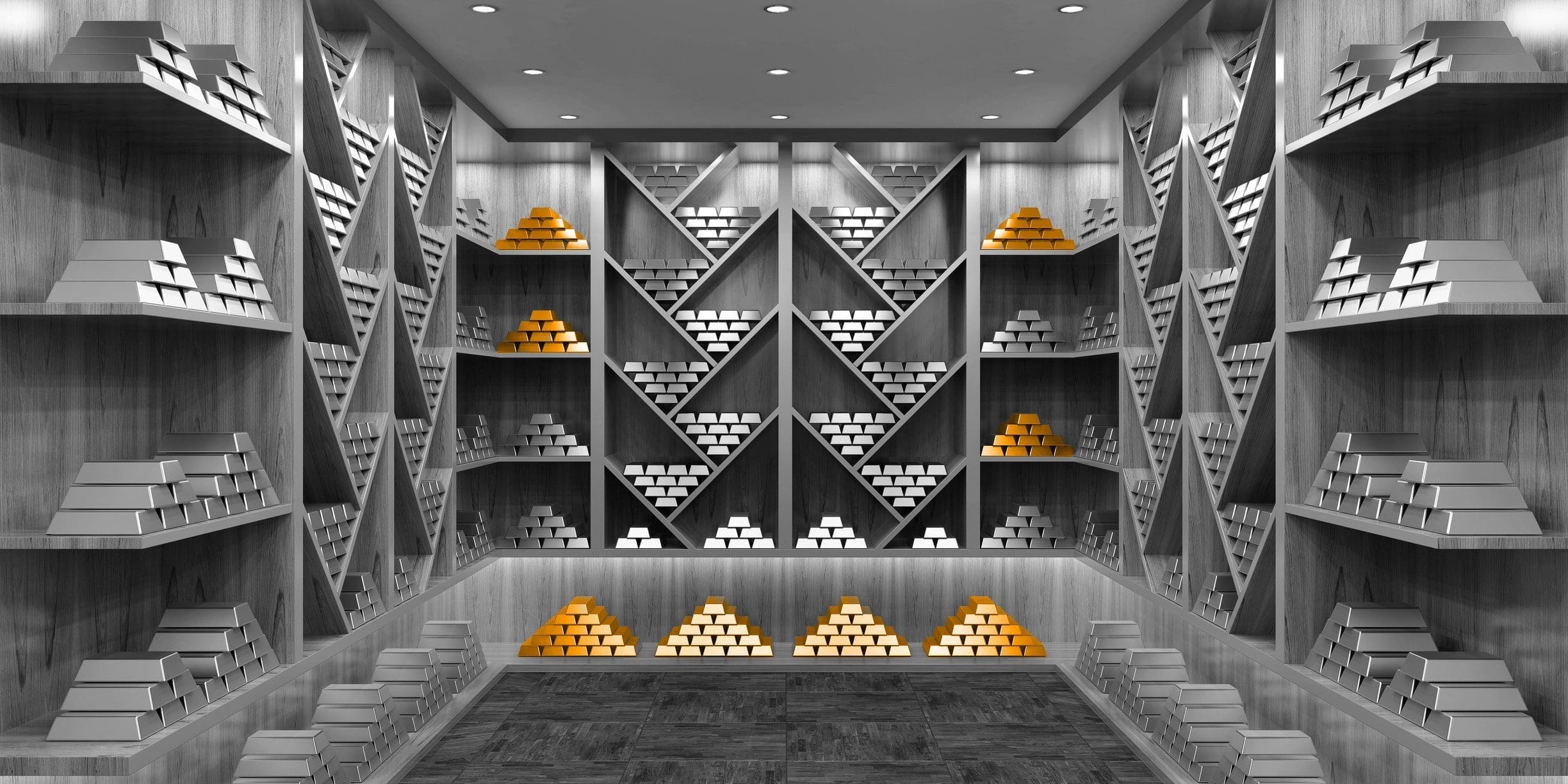 A black and white image of a bank, with orange gold bars sitting on the floor and on the walls